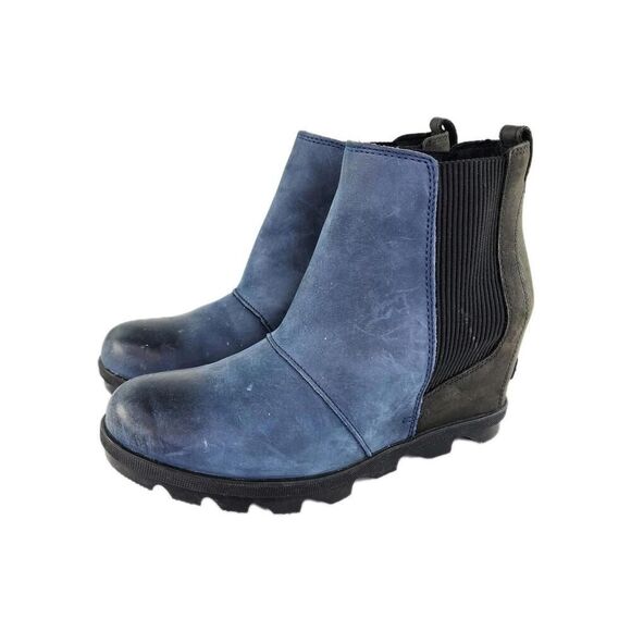 Sorel Joan of Arctic Wedge Chelsea Boots US 8.5 Blue Leather Ankle Booties Boot - Picture 1 of 12